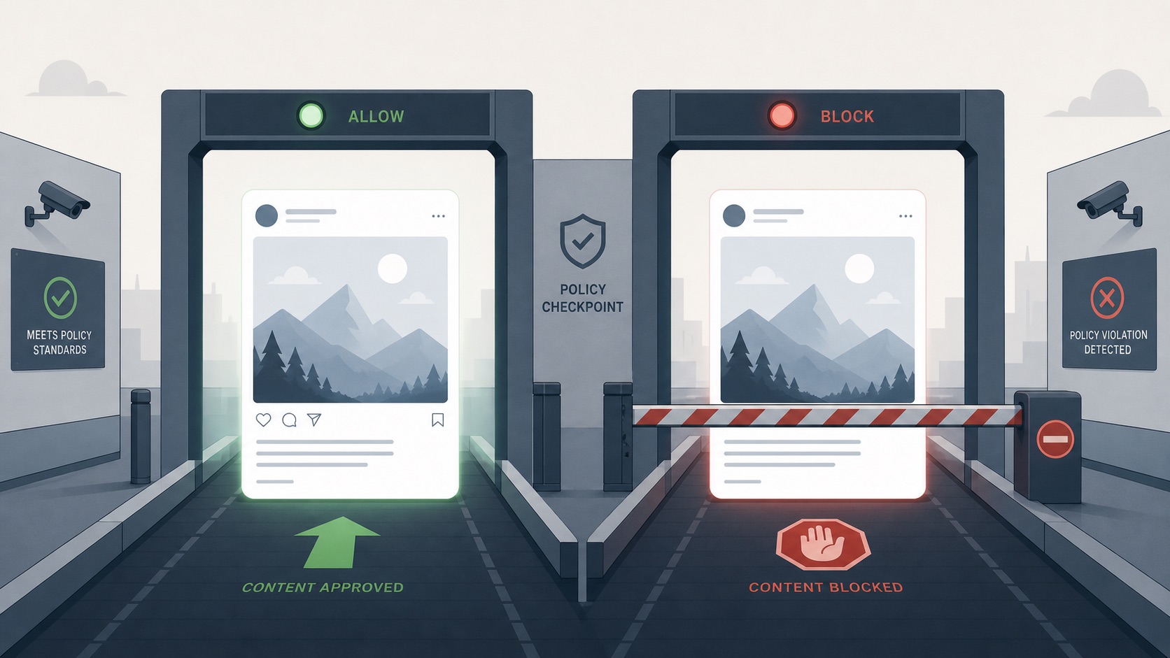 Two near-identical app screenshot panels approaching a checkpoint gate, one passing under a green light, the other stopped under a red light despite looking the same