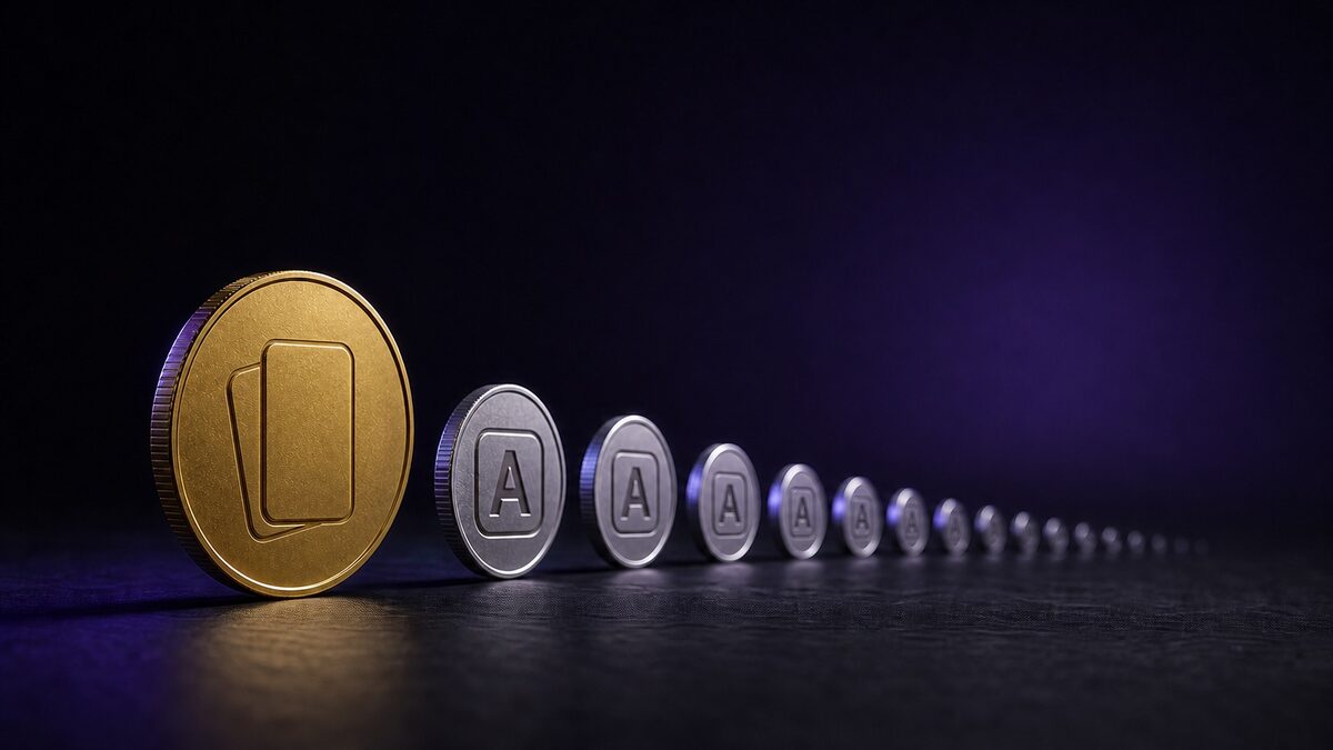 One gold coin in front of a long line of smaller silver coins — a one-time payment versus a recurring subscription